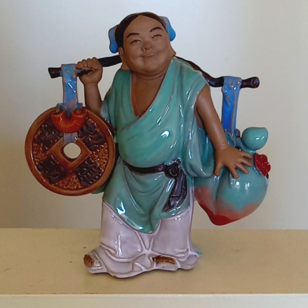 Vintage 80's Chinese Shiwan Boy with Peach and Coin Figurine - Exc. Condition